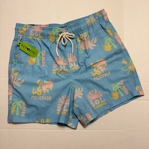 RSQ Men's Baja Swim Trunks in a light blue with a palm tree, rose, and sun print